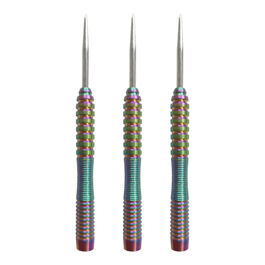 Hier ist das Produkt McDart Rainbow 3 Steeldart-Barrels - 22g abgebildet. Das Set enthält Steeldart-Barrels im bunten Look.