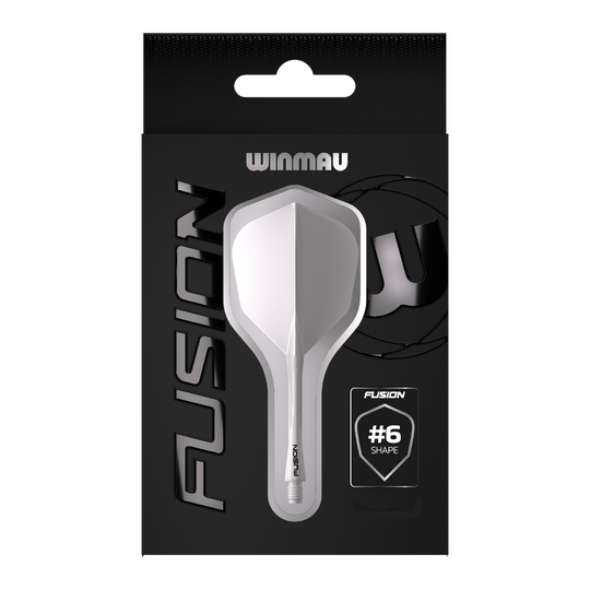 Das Bild zeigt die Verpackung des Produkts "Winmau Fusion Flight-Shaft-System No6 Clear". In der Mitte ist das transparente Flight-Shaft-System im #6-Shape deutlich zu sehen.