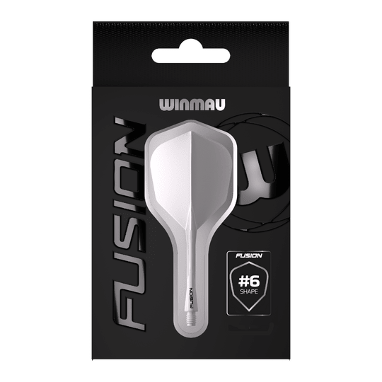 Winmau Fusion Flight Shaft System No6 Clear Das Bild zeigt die Verpackung des Produkts "Winmau Fusion Flight-Shaft-System No6 Clear". In der Mitte ist das transparente Flight-Shaft-System im #6-Shape deutlich zu sehen.