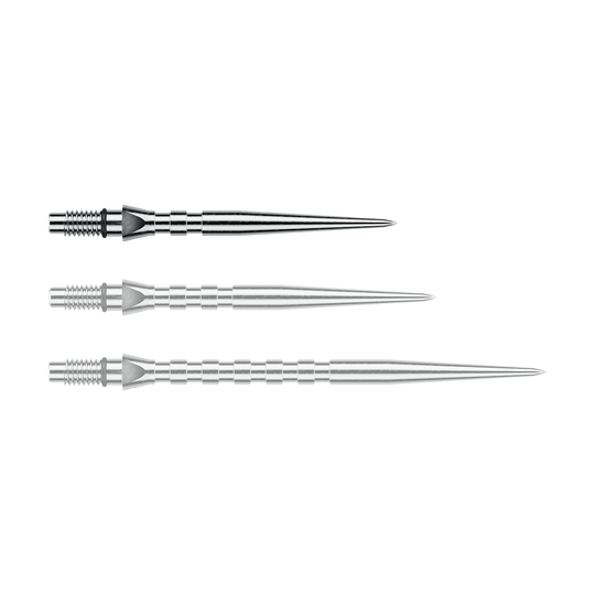 Abgebildet ist eine einzelne silberne Steeldartspitze mit Rillen, vermutlich vom Typ 'Switch Point Groove Silver Effect' und 26mm. Diese Spitze eignet sich für Steeldarts.