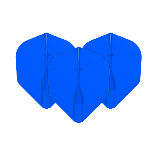 L-L-Style3EZ-vluchten Das Bild zeigt drei blaue Dartflights, die nebeneinander angeordnet sind. Sie haben eine klassische, leicht abgerundete Form.