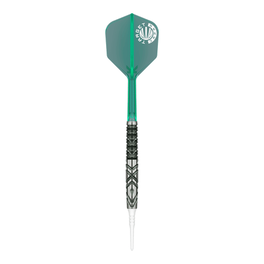 Das Bild zeigt einen Softdart aus der Produktreihe "Target Japan Mikuru Suzuki The Miracle GEN6" mit einem Gewicht von 21,5g. Der Dart hat eine grüne Flights und ein silbernes, schwarz gemustertes Barrel.