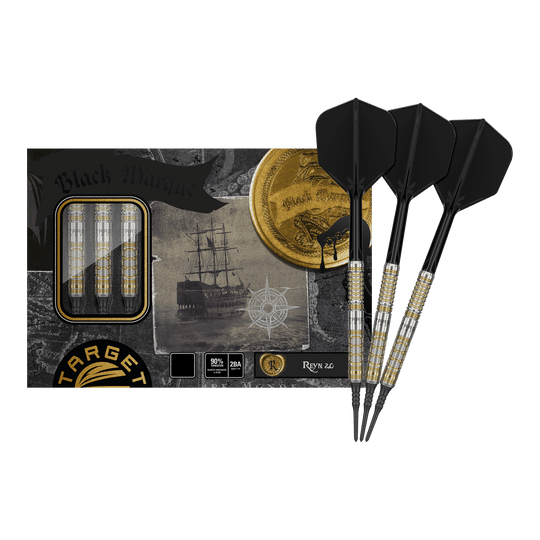Das Bild zeigt das Produkt "Target Japan Black Marque Reyn GEN2 Softdarts - 17,5g" mit drei eleganten, schwarz-goldenen Softdarts vor der Verpackung. Auf der Verpackung ist zudem ein Schiff sowie eine goldene Münze abgebildet.