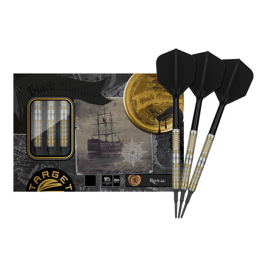 Target Japan Black Marque Reyn GEN2 Soft Darts - 17,5 g Das Bild zeigt das Produkt "Target Japan Black Marque Reyn GEN2 Softdarts - 17,5g" mit drei eleganten, schwarz-goldenen Softdarts vor der Verpackung. Auf der Verpackung ist zudem ein Schiff sowie eine goldene Münze abgebildet.