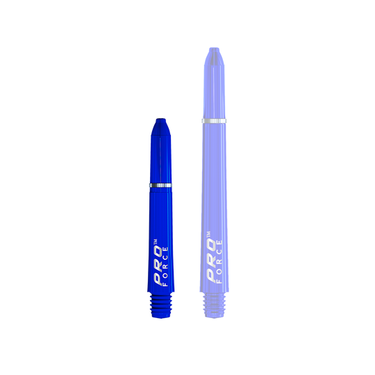 Das Bild zeigt zwei blaue Dartschäfte des Modells "Winmau Pro-Force Shafts". Auf den Schäften steht in weißer Schrift "PRO FORCE".