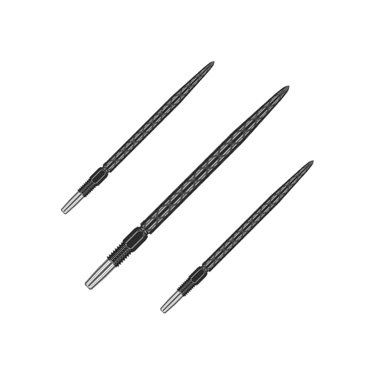 Target Swiss Diamond Pro Black Points dartpunten Das Bild zeigt drei schwarze Dartspitzen mit einem diamantförmigen Muster. Sie sind in unterschiedlichen Winkeln angeordnet und haben einen metallischen Befestigungsbereich.