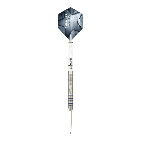 Unicorn Silver Star Var.3 Gary Anderson stalen dartpijlen Das Bild zeigt die Unicorn Silver Star Var.3 Gary Anderson Steeldarts. Die silberfarbenen Darts sind auf einer weißen Fläche angeordnet.