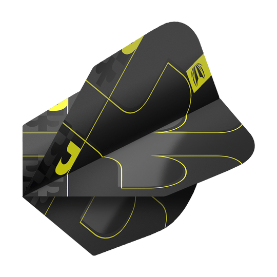 Target ProUltra Bolide Void No6 Vluchten Das Bild zeigt die Target ProUltra Bolide Void No6 Flights in einem modernen Design. Die Flights sind schwarz mit gelben Linien und grafischen Elementen gestaltet.