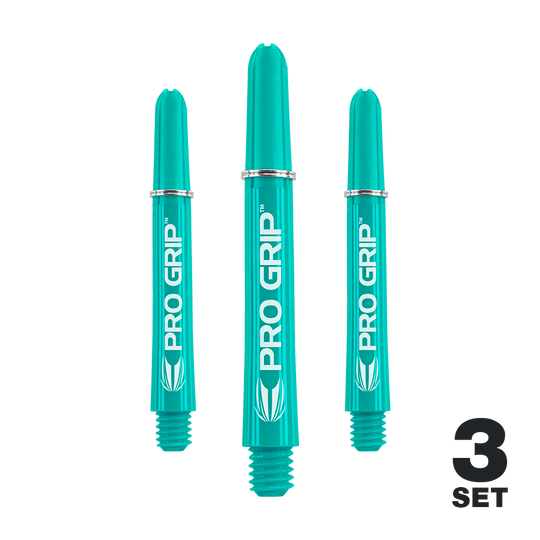 Target Pro Grip Shafts - 3 sets - Aqua Das Bild zeigt drei türkisfarbene PRO GRIP Shafts für Dartpfeile. Unten rechts steht "3 SET" in schwarzer Schrift.