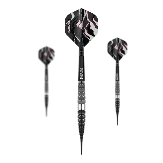 Das Bild zeigt drei Softdarts des Modells "Red Dragon Paradym Torpedo - 20g". Die Darts haben schwarze, silberne und gemusterte Flights mit einem modernen Design.