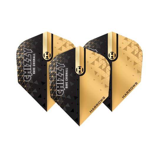 Harrows Prime Dave Chisnall Chizzy 2 nr. 6 Vluchten Das Bild zeigt die Harrows Prime Dave Chisnall Chizzy 2 No6 Flights. Die Flights sind in Schwarz und Gold gestaltet und tragen die Aufschrift "CHIZZY DAVE CHISNALL" sowie "HARROWS".