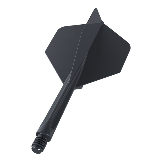 Unicorn Forge All In One Plus No2 Standaard Vluchten Zwart - Medium Das Bild zeigt einen schwarzen Dartflug mit integriertem Schaft in mittlerer Größe. Es handelt sich um das Modell "Unicorn Forge All In One Plus No2 Standard Flights Schwarz - Medium".