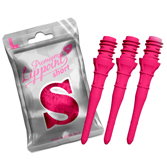L-Style Premium Lippoints Short (30er Pack) Auf dem Bild ist eine silberne Verpackung mit der Aufschrift „Premium Lipppoint short“ zu sehen. Daneben sind drei kurze, neonpinke Dartspitzen abgebildet.