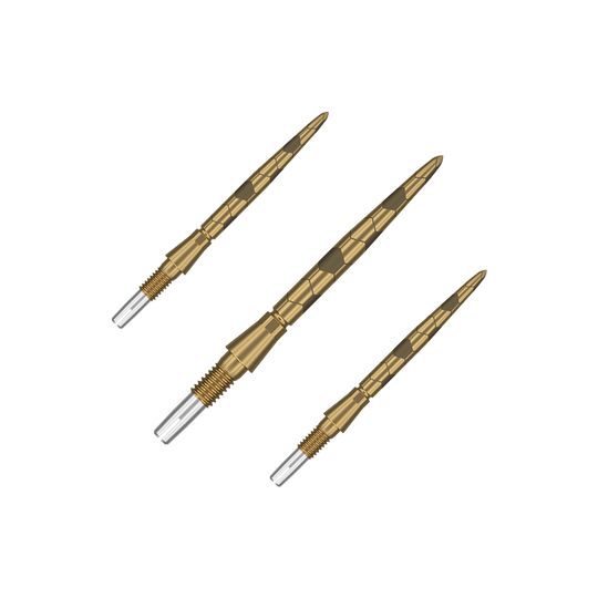 Target Swiss Storm Onyx Point Dartpunten - Goud Auf dem Bild sind drei goldfarbene Dartspitzen mit einem strukturierten Muster zu sehen. Sie haben ein silbernes Schraubgewinde am Ende zum Befestigen an Dartpfeilen.
