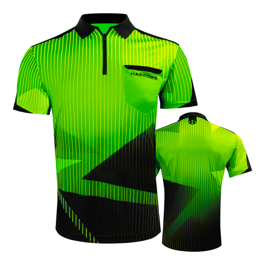 Harrows Shard Dartshirt - Grün Das Harrows Shard Dartshirt wird frontal gezeigt. Es hängt an einem neutralen Hintergrund.