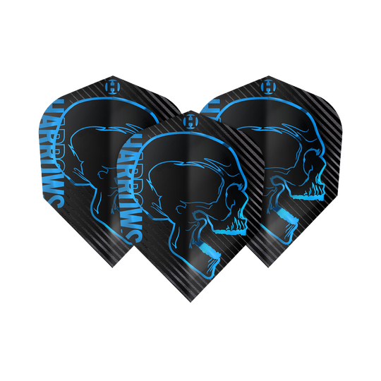 Harrows Rage Aqua No. 6 Vluchten Das Bild zeigt drei schwarze Dart-Flights mit einem blauen Totenkopf-Design und dem Schriftzug "Harrows". Die Flights gehören zum Produkt "Harrows Rage Aqua No6".