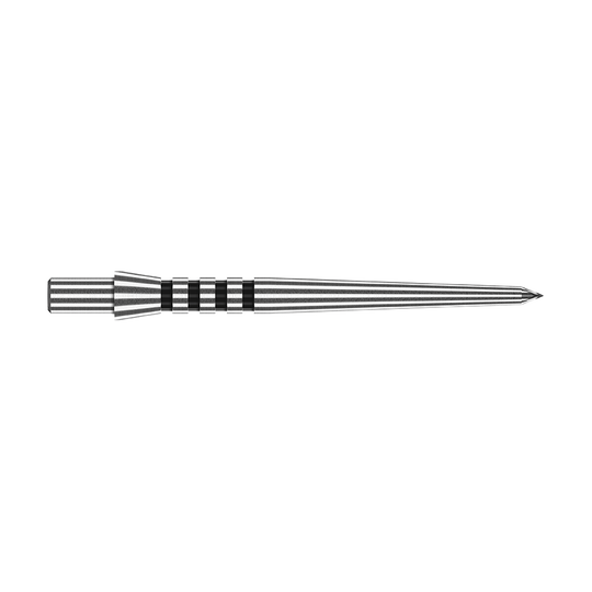 X0681_Red_Dragon_Venom_Steeldartspitzen_0 Das Bild zeigt eine einzelne Steeldartspitze des Produkts "Red Dragon Venom". Die Spitze ist silberfarben mit schwarzen Rillen und hat ein schlankes, spitz zulaufendes Design.