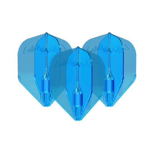 L-Style Fantom L3EZ Vluchten Blauw Das Bild zeigt drei blaue L-Style Fantom L3EZ Flights für Dartpfeile. Sie sind nebeneinander angeordnet und haben eine glänzende Oberfläche.