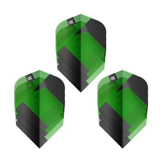 Target Pro Ultra TAG Green Ten-X standaardvluchten - 3 sets Das Bild zeigt drei grüne und schwarze Dart-Flights des Produkts "Target Pro Ultra TAG Grün Ten-X Standard". Die Flights haben ein auffälliges geometrisches Muster und das Target-Logo oben.