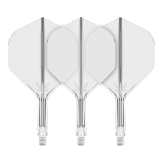 Target K-Flex No2 Standaard Vluchtsysteem - Helder Auf dem Bild sind drei transparente Dart-Flights mit Standardform zu sehen. Sie sind nebeneinander angeordnet und haben klare, glatte Kanten.