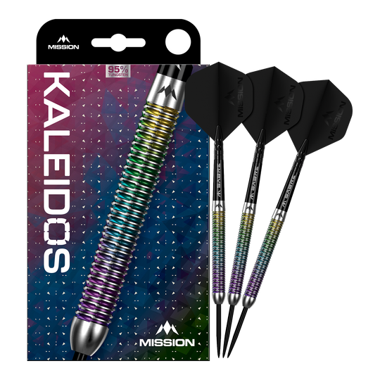 Das Produkt Mission Kaleidos Steeldarts ist vollständig dargestellt. Die Abbildung ermöglicht einen Überblick über das komplette Dart-Set.
