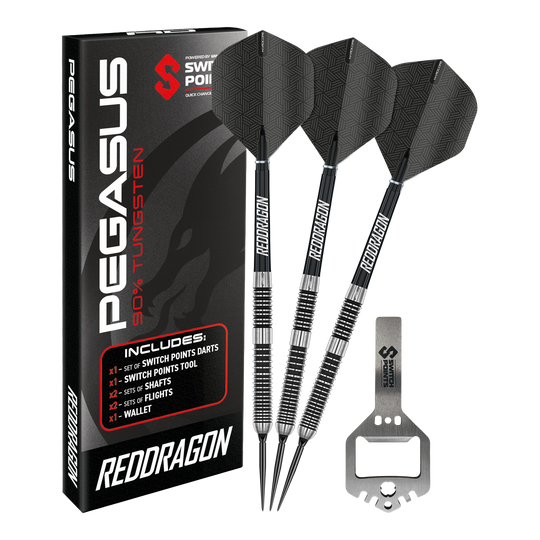 Red Dragon Pegasus Switch Point Stalen Darts Abgebildet sind Red Dragon Pegasus Switch Point Steeldarts. Diese Darts sind robust und für verschiedene Spielniveaus geeignet.