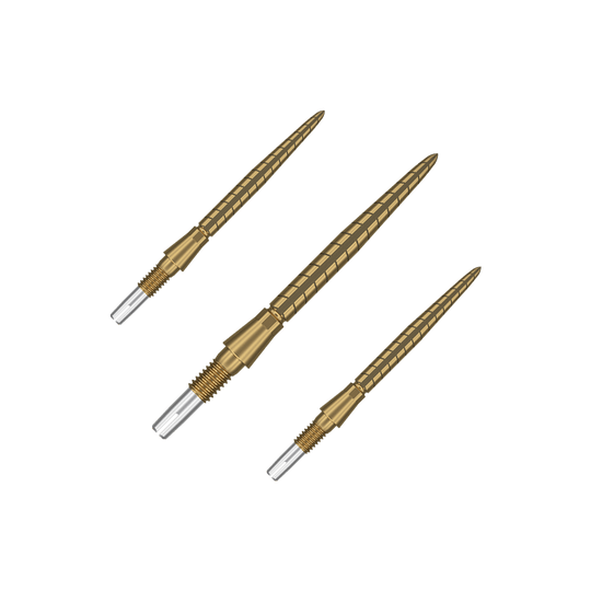 Target Swiss Storm Quartz Dartpunten - Goud Auf dem Bild sind drei goldfarbene Dartspitzen zu sehen. Sie sind schlank, haben ein geriffeltes Design und haben vorne eine silberne Spitze.