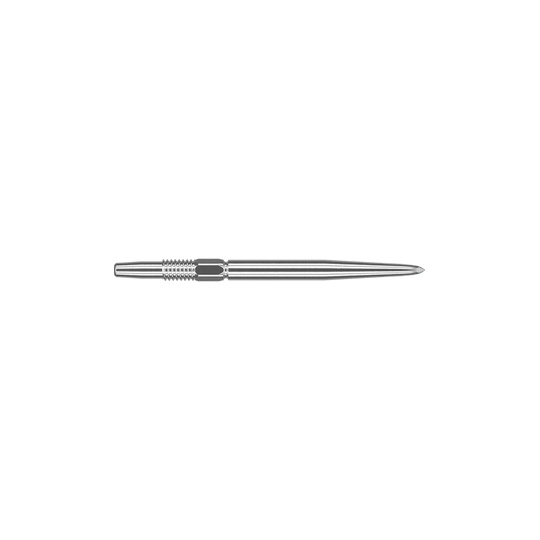 Target Swiss Point Zilveren dartpunten Auf dem Bild ist eine silberne Dartspitze zu sehen. Sie ist schmal, metallisch und hat eine Länge von 26 mm.