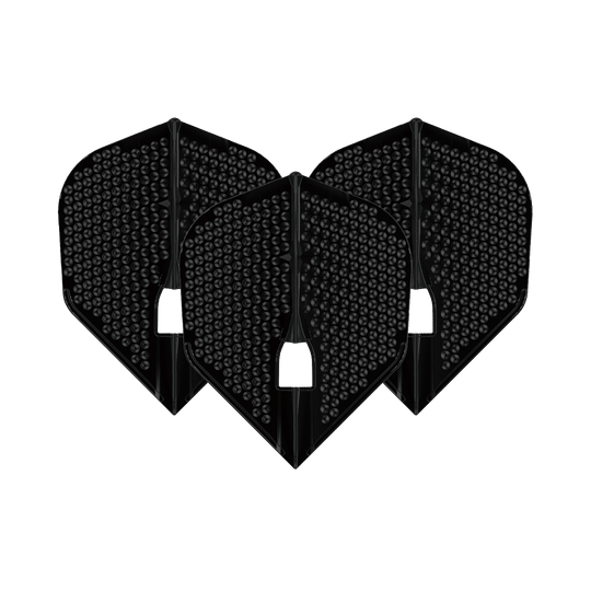 Das Bild zeigt drei schwarze L-Style Flights Dimple Champagne L3PRO Shape. Sie haben eine strukturierte Oberfläche mit kleinen runden Vertiefungen.