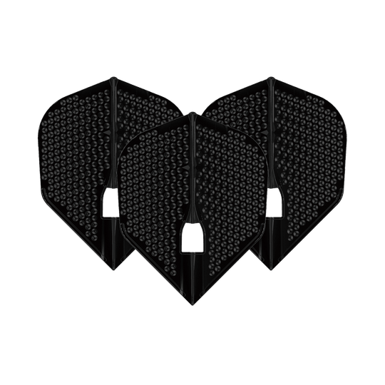 L-Style Flights Dimple Champagne L3PRO Shape Das Bild zeigt drei schwarze L-Style Flights Dimple Champagne L3PRO Shape. Sie haben eine strukturierte Oberfläche mit kleinen runden Vertiefungen.