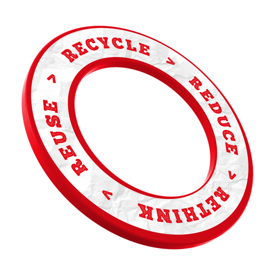 McDart Recyclen Verminderen Heroverwegen Hergebruiken Dartbord Omranding Dieses Bild zeigt das Produkt mit dem Dateinamen DBS-RRRR2_Surround_Recyle_Reuse_Reduce_Rethink_Rot_3. Es handelt sich vermutlich um ein Objekt in roter Farbe mit Umweltschutz-Symbolik.