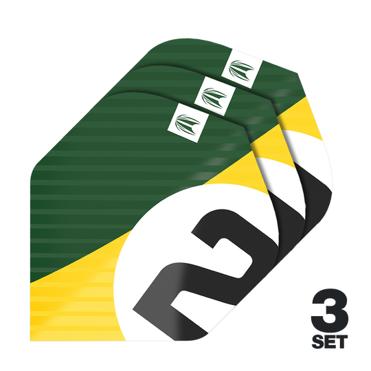 Target Pro Ultra Chicane Green No2 Standaardvluchten - 3 sets Das Bild zeigt drei Sets der Target Pro Ultra Chicane Green No2 Standard Flights. Die Flights sind grün mit gelben und weißen Akzenten sowie einer großen schwarzen „2“ bedruckt.
