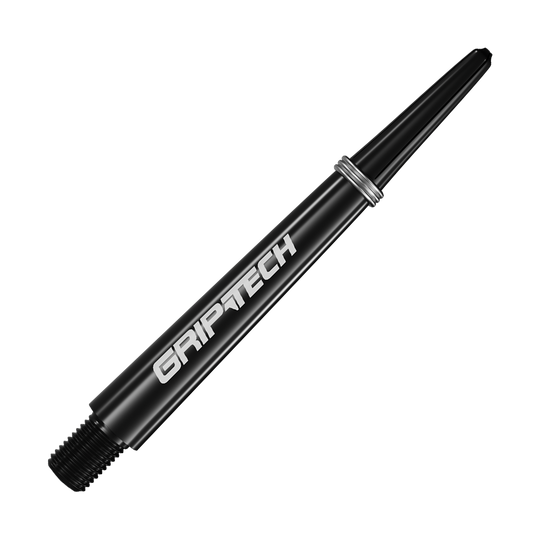 GOAT Griptech Shafts - Zwart Auf dem Bild ist ein schwarzer Dart-Schaft mit der Aufschrift "GRIPTECH" zu sehen. Der Schaft ist schlank und hat silberne Ringe in der Nähe des oberen Endes.