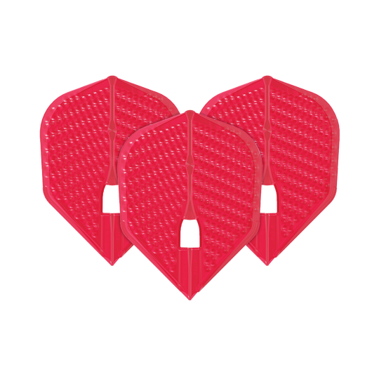 Das Bild zeigt drei rote Dartflights des Modells "L-Style Flights Dimple Champagne L3PRO Shape". Die Flights haben eine strukturierte Oberfläche mit kleinen Vertiefungen.