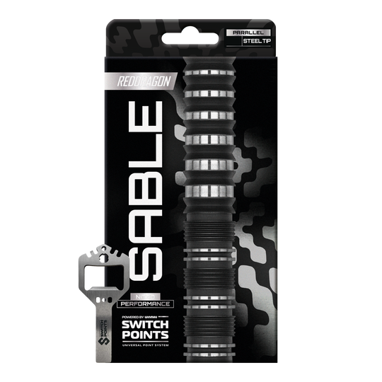 Red Dragon Sable Parallel Switch Point Stalen Darts Abgebildet ist ein Satz Red Dragon Sable Parallel Switch Point Steeldarts. Die Darts sind präzise ausbalanciert und ideal für Dartspieler geeignet.