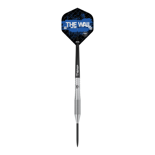 Bulls Martin Schindler TW80 stalen darts Das Bild zeigt einen Bull's Martin Schindler TW80 Steeldartpfeil. Auf dem Flight steht in weißer Schrift "THE WALL" vor einem blauen Hintergrund.