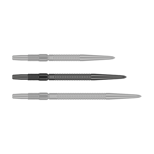 Target Swiss Point GRD Zwarte dartpunten Das Bild zeigt drei schwarze Dartspitzen des Produkts "Target Swiss Point GRD Black Dartspitzen". Sie sind nebeneinander angeordnet und haben eine strukturierte Oberfläche.