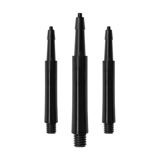 HRC12633_Harrows_Clic_Standard_Shafts_Schwarz_23mm_1 Das Bild zeigt drei schwarze Harrows Clic Standard Shafts. Sie sind unterschiedlich lang und haben ein Gewinde am unteren Ende.