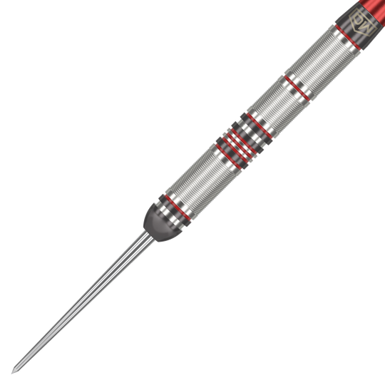 DW Piranha Razor 01 stalen darts Das Bild zeigt einen DW Piranha Razor 01 Steeldart. Der Dartpfeil ist silbern mit roten Akzenten und hat eine feine Griffstruktur.