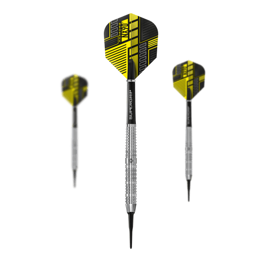 Harrows NX90 parallelle softdarts Das Bild zeigt drei Softdarts des Produkts "Harrows NX90 Parallel". Die Darts haben gelb-schwarze Flights und silberne, geriffelte Barrels.