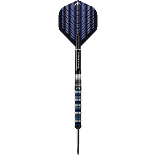 Mission Nightfall Model 1 stalen darts Das Bild zeigt einen Mission Nightfall Model 1 Steeldart. Der Dart hat ein modernes Design mit schwarzen und blauen Akzenten.