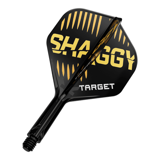 Das Bild zeigt eine schwarze Dartflügel mit gelben und weißen Aufschriften. Auf dem Flügel stehen die Worte "SHAGGY" und "TARGET".