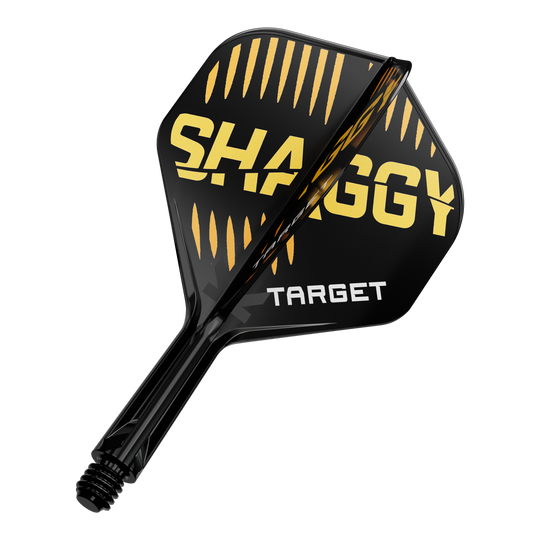 Target K-Flex Scott Williams No2 Standaard Vluchtas Systeem Das Bild zeigt eine schwarze Dartflügel mit gelben und weißen Aufschriften. Auf dem Flügel stehen die Worte "SHAGGY" und "TARGET".