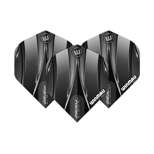 Winmau Alpha Sniper Black standaardvluchten Das Bild zeigt drei schwarze Dart-Flights der Marke Winmau mit dem Namen "Alpha Sniper". Die Flights haben ein modernes, glänzendes Design mit silbernen und weißen Akzenten.