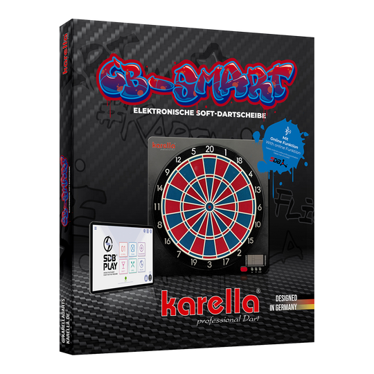 Karella CB-Smart Elektronisch Zacht Dartbord Die Verpackung zeigt die "Karella CB-Smart Elektronische Soft-Dartscheibe". Auf der Vorderseite sind die Dartscheibe und ein Bedienfeld abgebildet, sowie Hinweise auf die Online-Funktion.