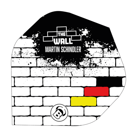 Bulls B-Star Martin Schindler White No2 Standaardvluchten Das Bild zeigt ein Dart Flight mit einem weißen Ziegelmuster und schwarzen, roten und gelben Farbfeldern. Oben steht der Schriftzug "THE WALL MARTIN SCHINDLER".