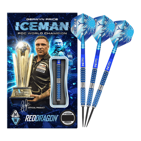 Das Bild zeigt das Produkt "Red Dragon Gerwyn Price Glacier Steeldarts" in einer auffälligen blauen Verpackung mit einem Bild von Gerwyn Price und einer Trophäe. Rechts daneben sind drei blaue Steeldarts mit dem Namen "ICEMAN" auf den Flights zu sehen.