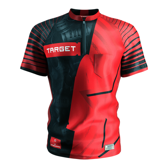 Target Coolplay Stephen Bunting 2025 dartshirt Das Bild zeigt das Target Coolplay Stephen Bunting 2025 Dartshirt. Das Shirt ist rot-schwarz gestaltet mit auffälligen Streifen und dem weißen "TARGET" Logo auf der Brust.