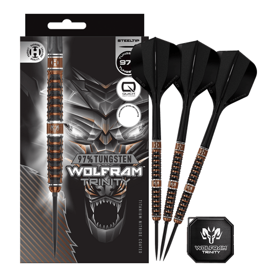 Hier sieht man die Harrows Wolfram Trinity Quick Point Steeldarts in voller Ansicht. Die Steeldarts zeichnen sich durch innovative Technik aus.