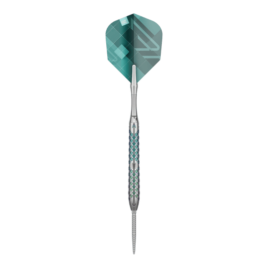 Target Rove 03 Swiss Point stalen dartpijlen Das Bild zeigt einen Target Rove 03 Swiss Point Steeldart. Der Dart hat ein silbernes Metallgehäuse mit blauen Akzenten und eine grüne Flight.